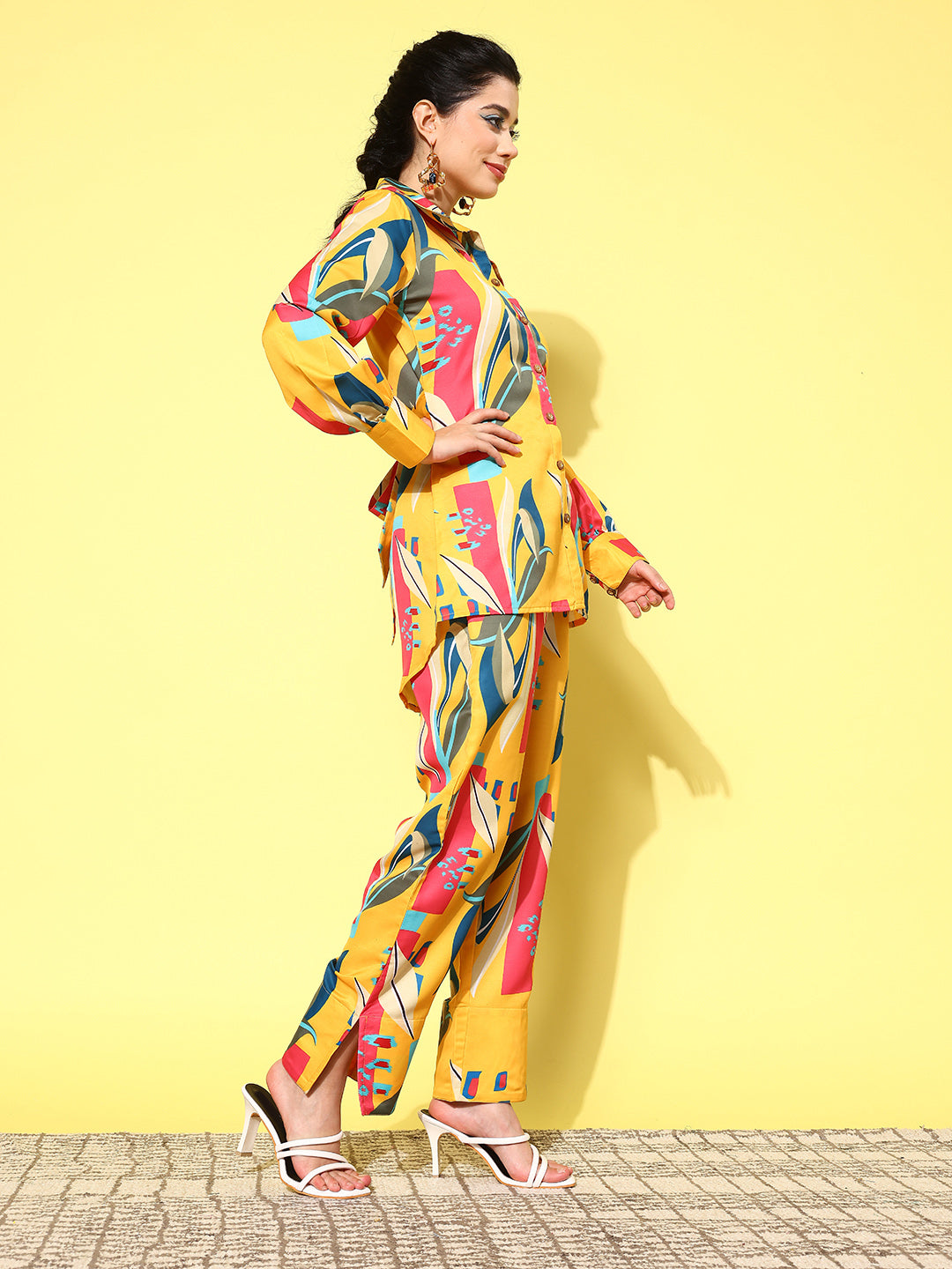 Yufta Yellow and Pink Printed Satin Co-Ords - Swadesiicart