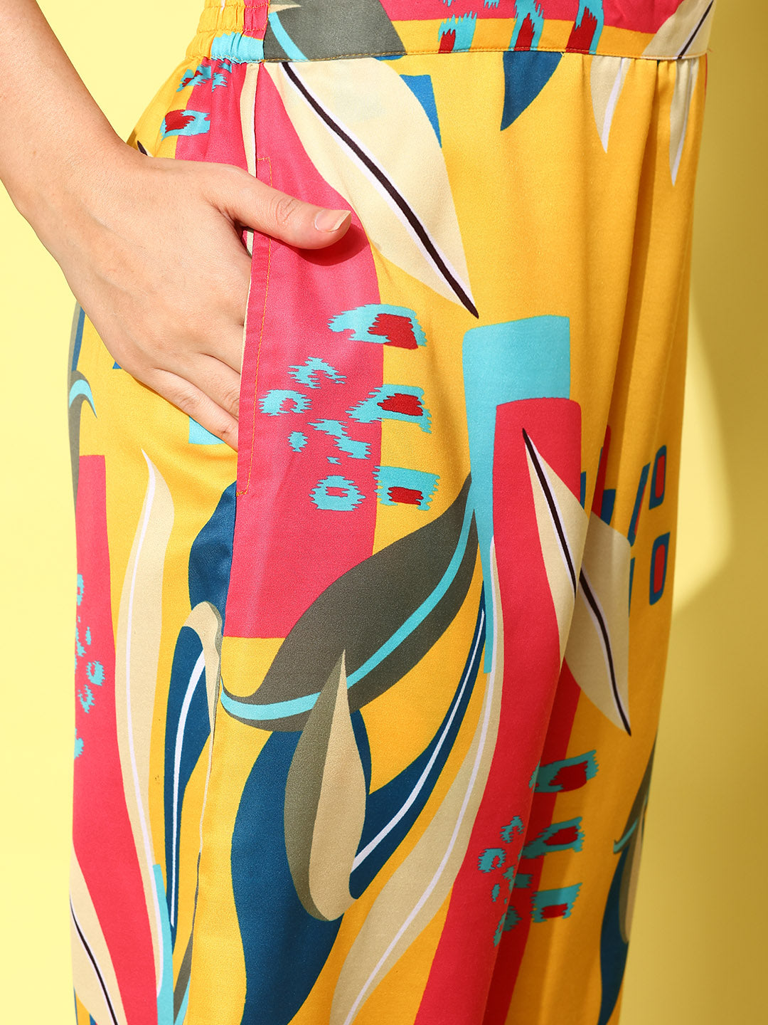 Yufta Yellow and Pink Printed Satin Co-Ords - Swadesiicart