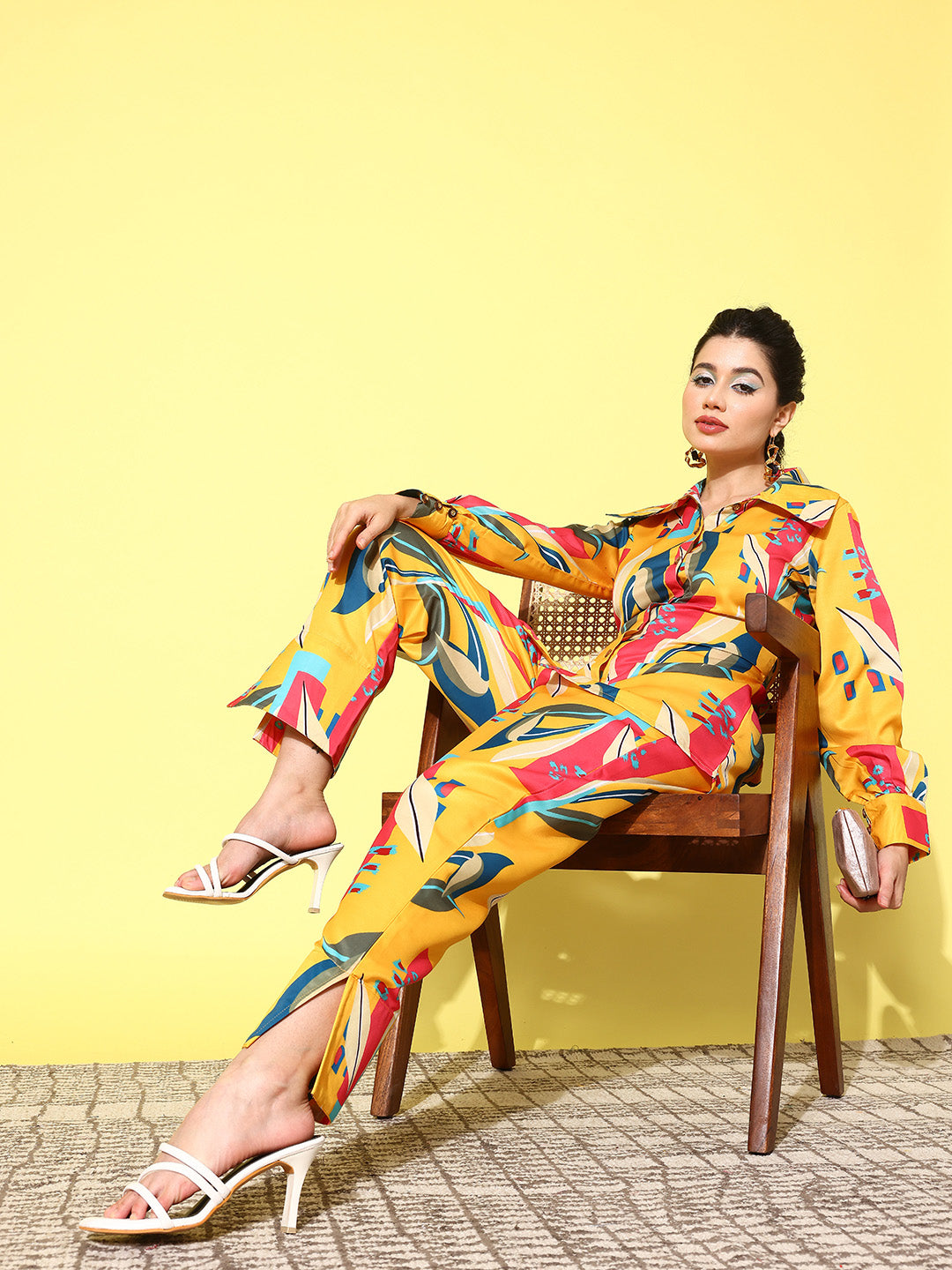 Yufta Yellow and Pink Printed Satin Co-Ords - Swadesiicart