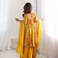 Lorenvalley Women Pure Soft Roman silk Chanderi Discharge Print Fabric Kediya Kurta Palazzo with Dupatta Set - Yellow - Swadesiicart