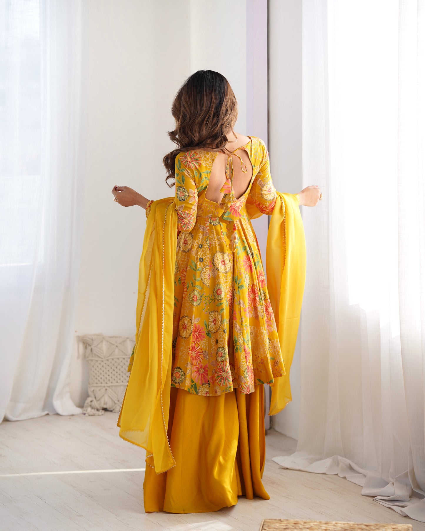 Lorenvalley Women Pure Soft Roman silk Chanderi Discharge Print Fabric Kediya Kurta Palazzo with Dupatta Set - Yellow - Swadesiicart