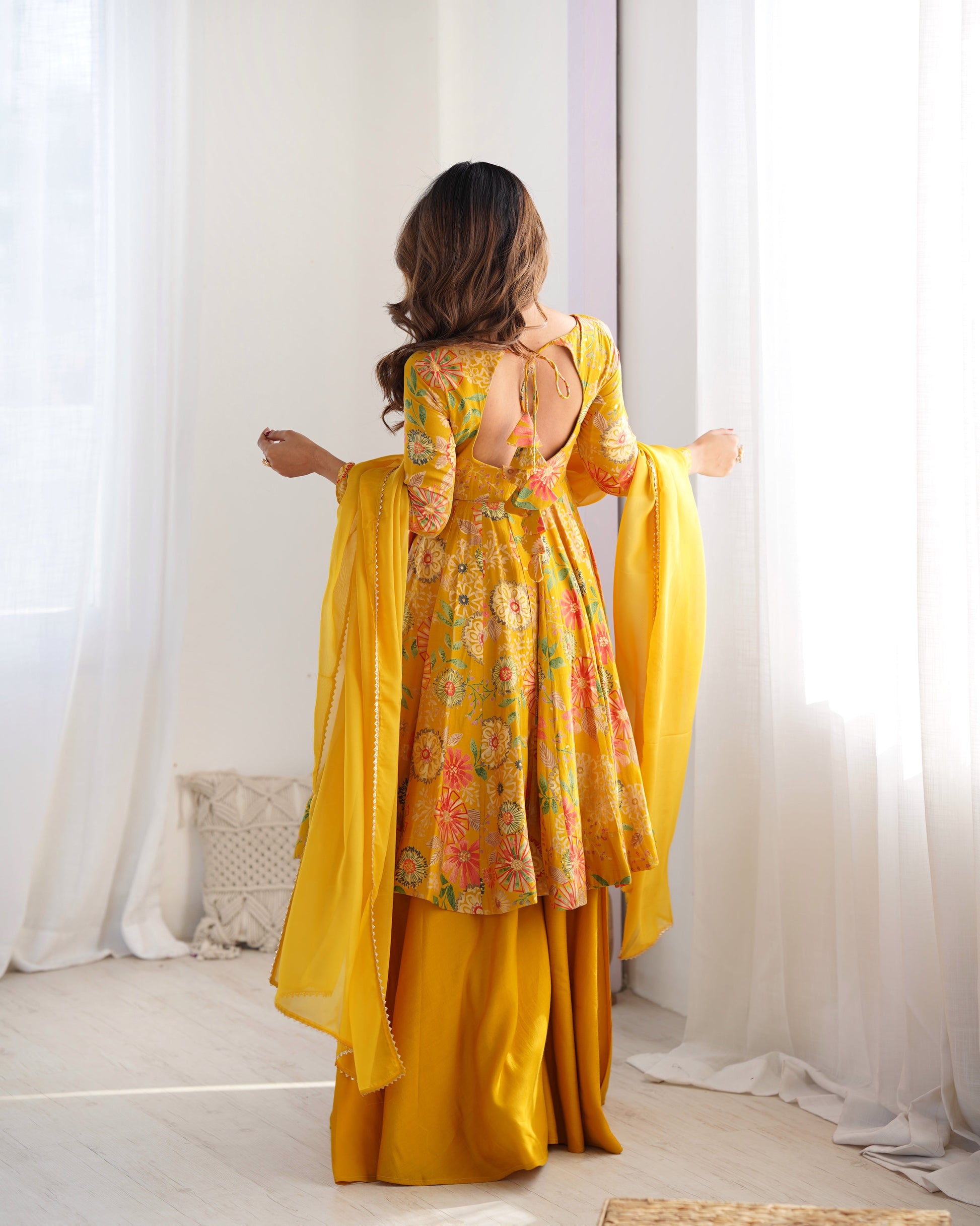 Lorenvalley Women Pure Soft Roman silk Chanderi Discharge Print Fabric Kediya Kurta Palazzo with Dupatta Set - Yellow - Swadesiicart