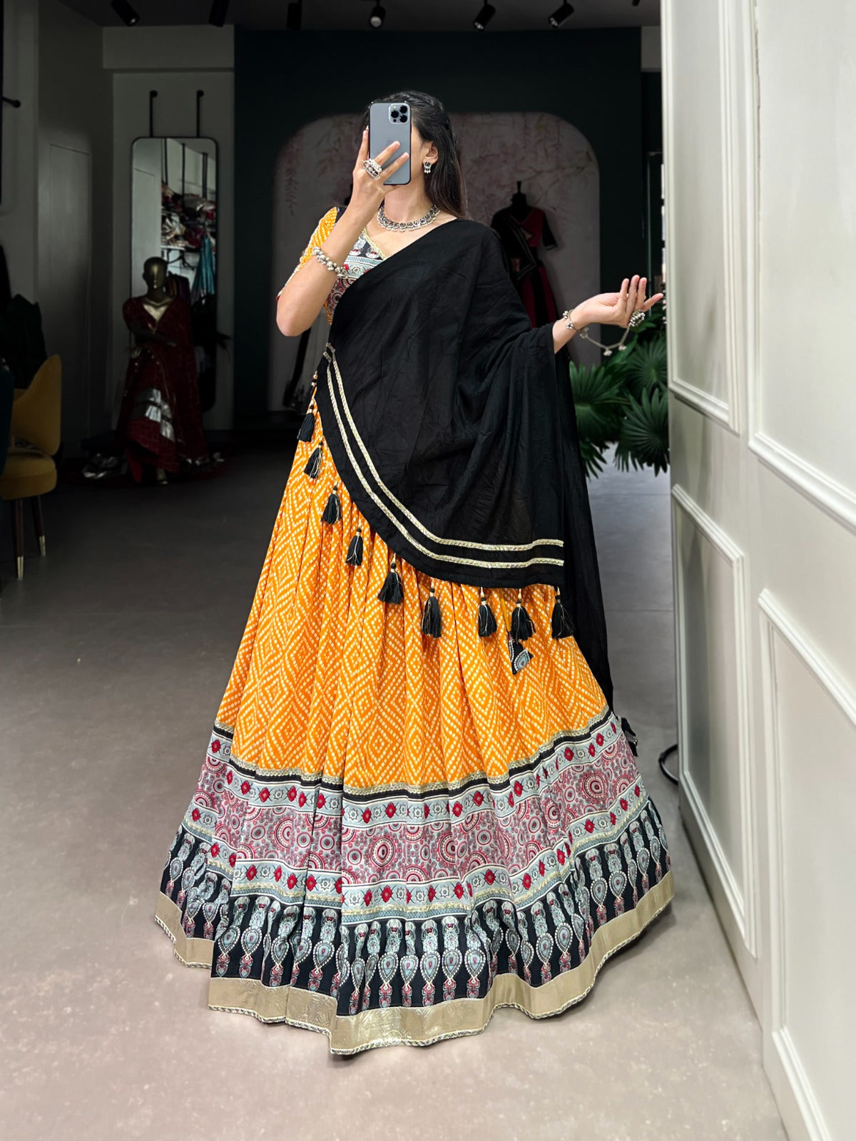 Lorenvalley Yellow Rayon with Bandhej And Ajarakh Print With Embossed Design Gota Lace Touch up Lehenga Choli | Swadesiicart