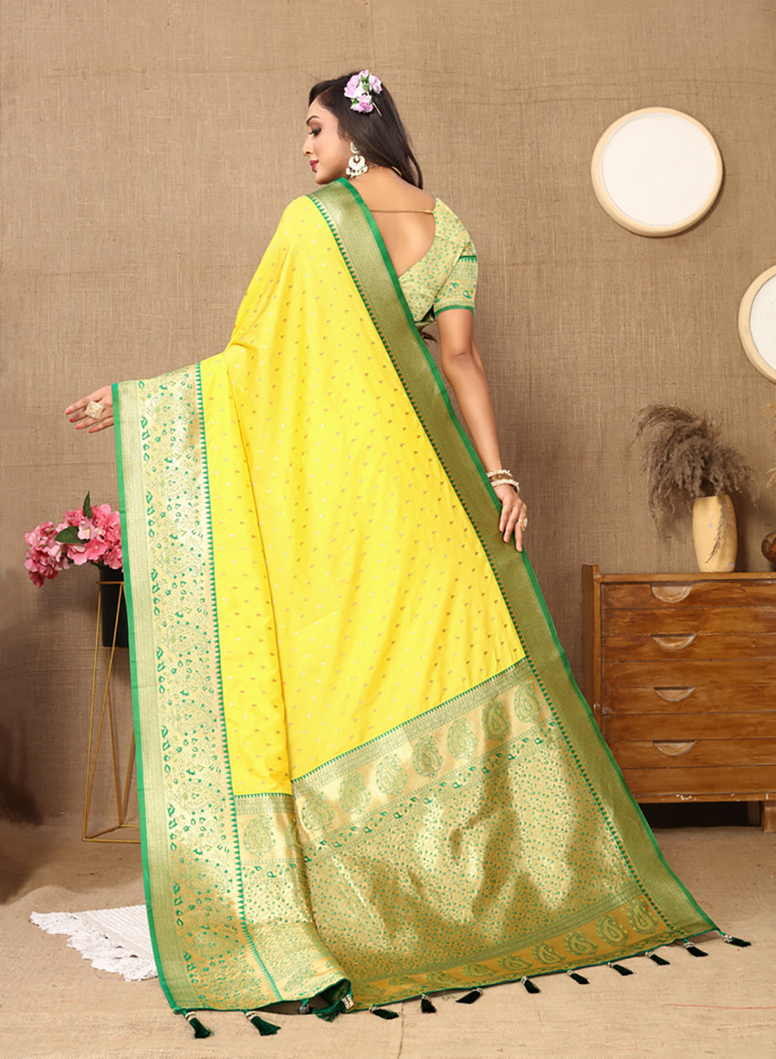 Lorenvalley Fashion Yellow Soft Silk weaving Design Rich Zari Weaving Saree - Swadesiicart