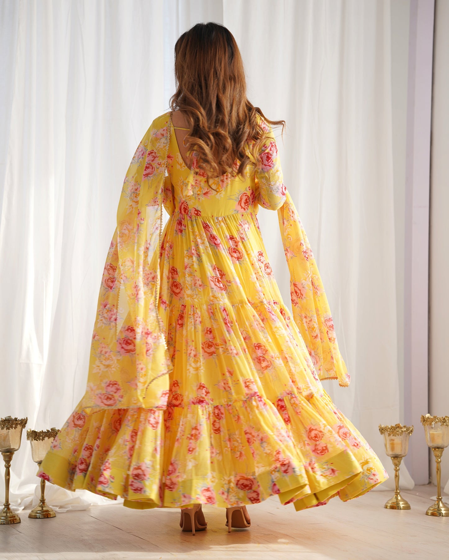 Lorenvalley Women Pure Soft Faux Georgette Floral Print Fully Flair Anarkali Kurta Pant With Dupatta Set - Yellow | Swadesiicart