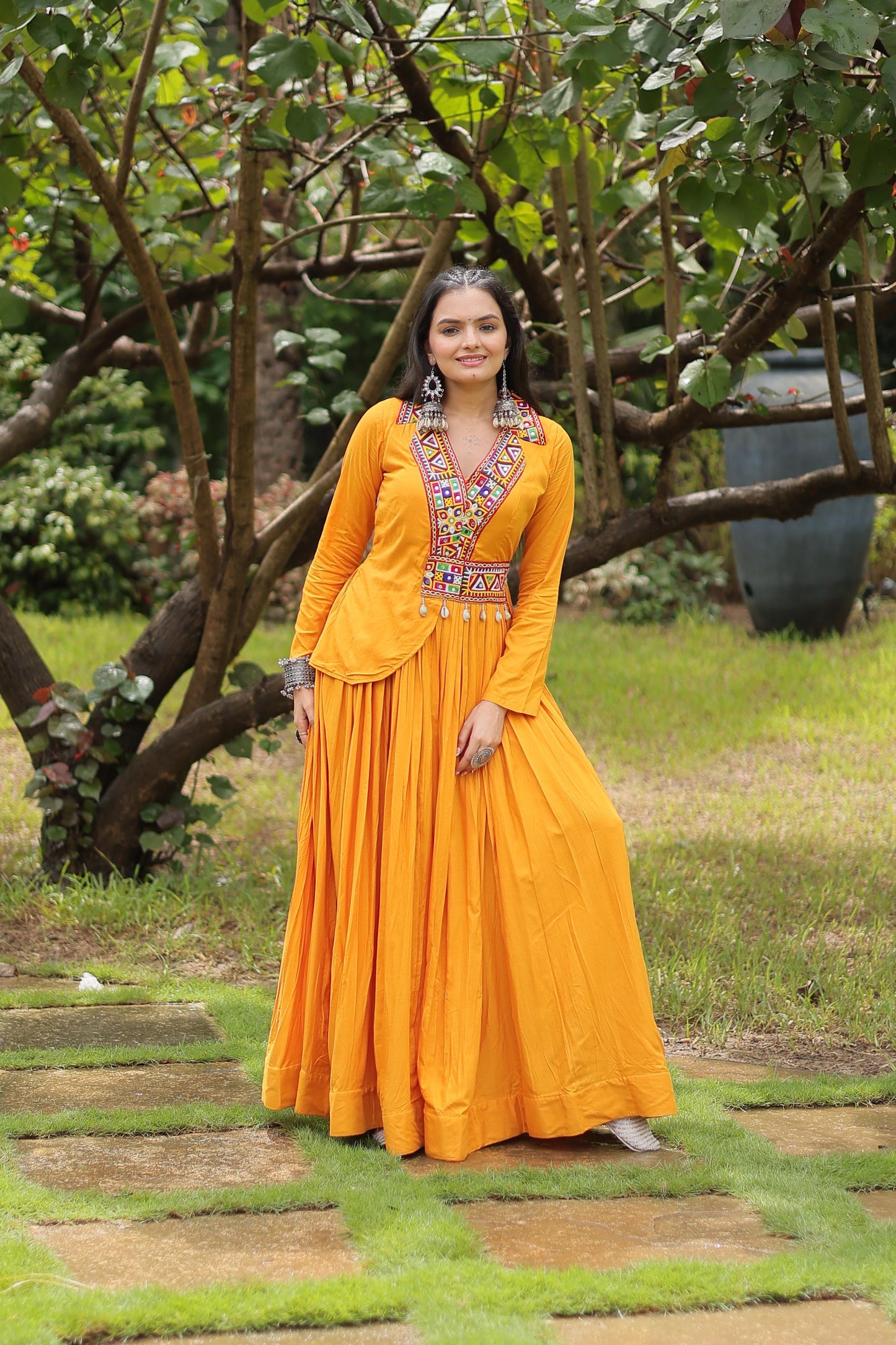 Lorenvalley Yellow Rayon Fabric With Kutchi Gamthi Work Gown | Swadesiicart