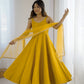 Lorenvalley Fashion Yellow Pure Romansilk Chanderi Fabric Yoke Fancy Lace Work Anarkali Kurta Pant With Dupatta Set - Swadesiicart