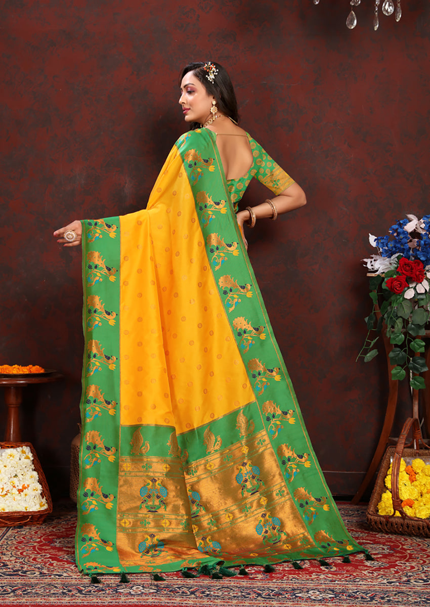Lorenvalley Fashion Yellow Soft Paithani Silk Woven Design Rich Zari Meenakari Weaving Saree - Swadesiicart