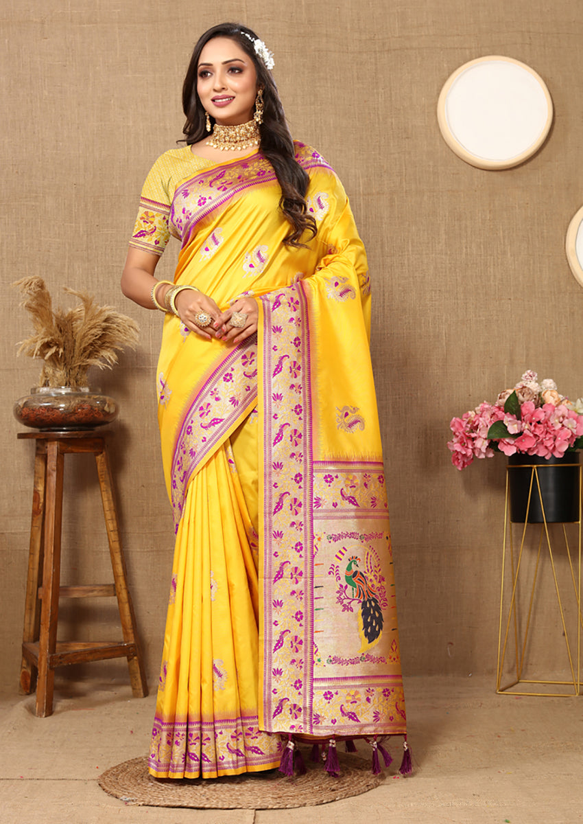Lorenvalley Fashion Yellow Soft Paithani Silk Woven Design Rich Meenakari Zari Weaving Pallu Saree - Swadesiicart