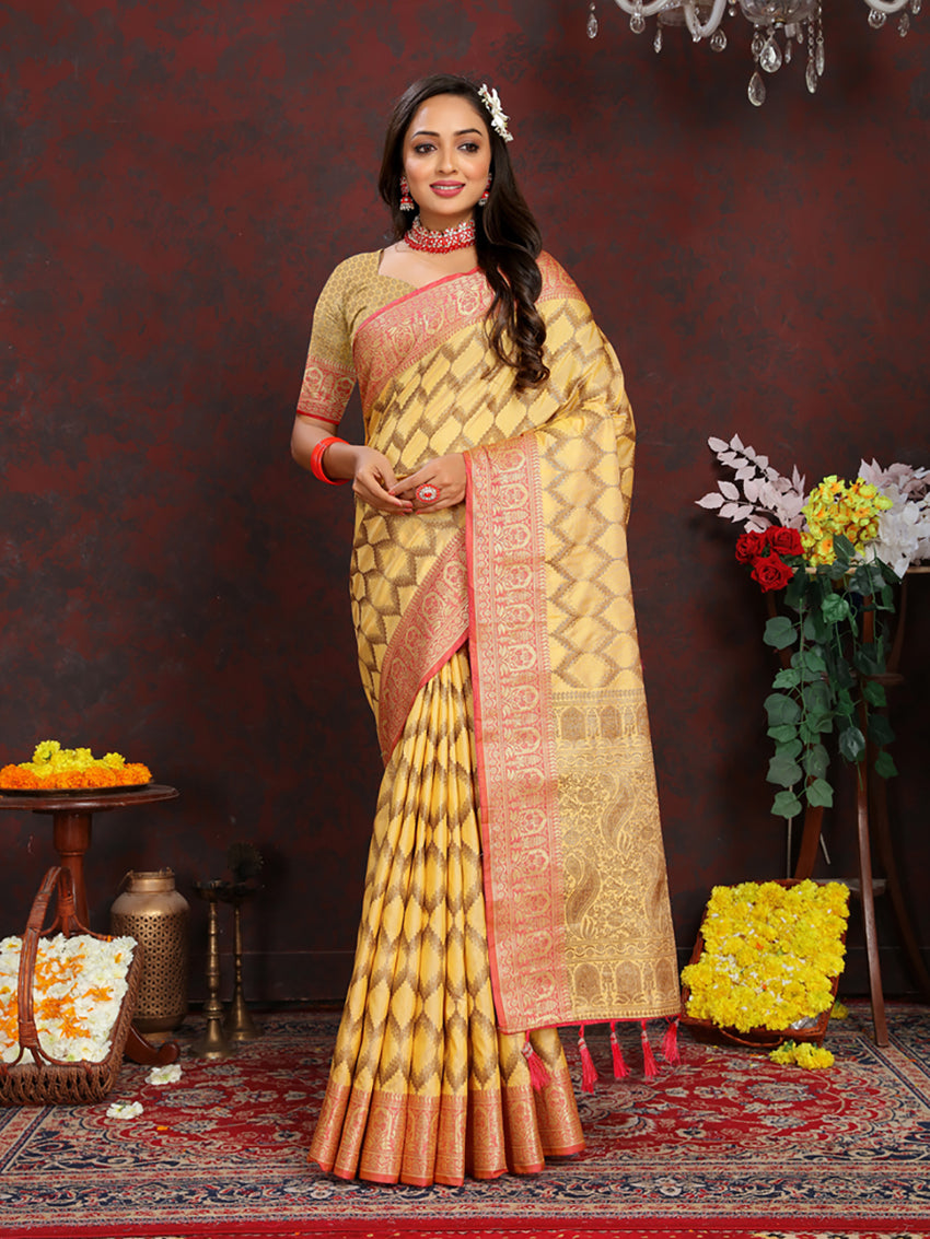 Lorenvalley Fashion Yellow Soft Katan Silk Woven Design Rich Zari Weaving Pallu Saree - Swadesiicart