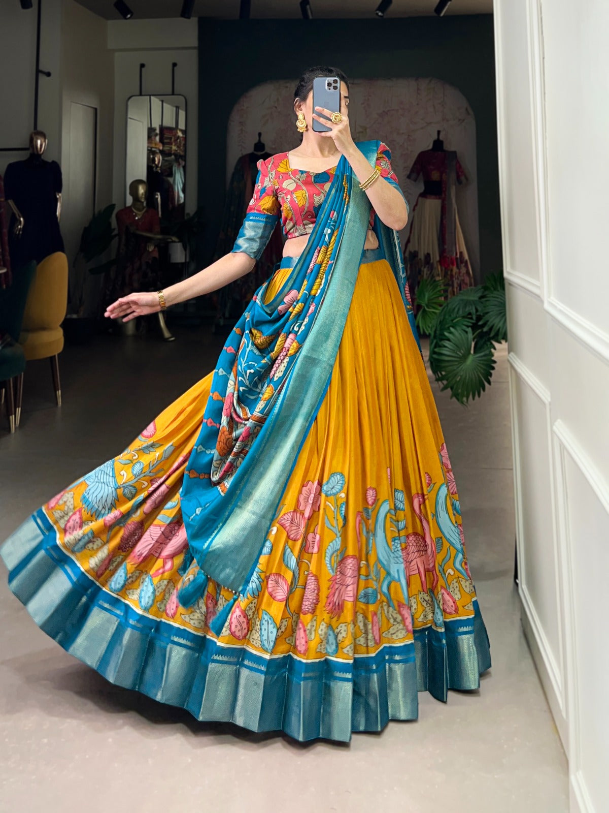 Lorenvalley Yellow Dola Silk and Jacquard Silk Printed (Kalamkari) With Zari Weaving Border Lehenga Choli | Swadesiicart