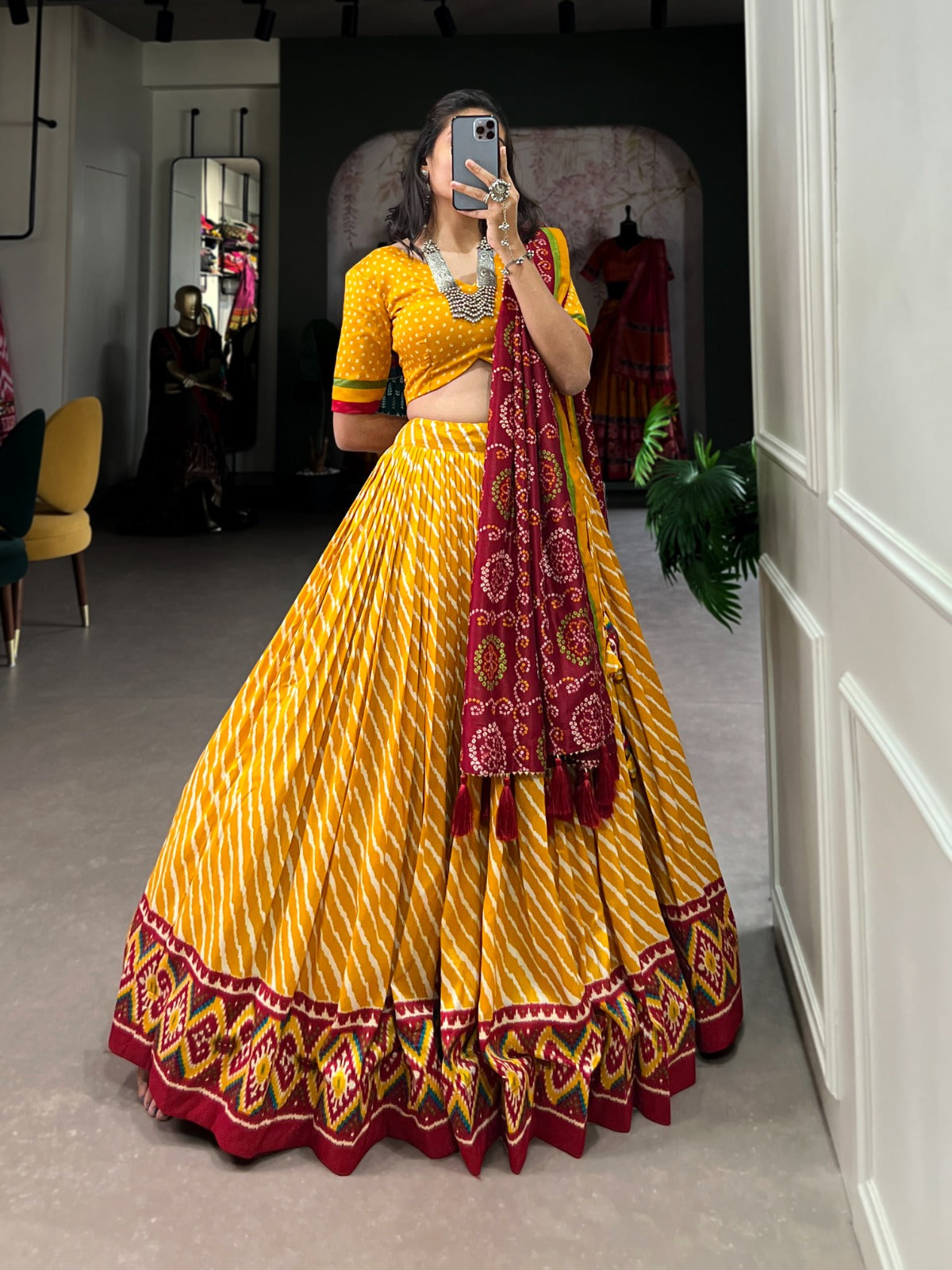 Lorenvalley Yellow Tussar Silk Lehenga Leheriya Patola Print Border With Choli Bandhej Print With Bandhej Print Gotta Patti Lace Border Dupatta | Swadesiicart