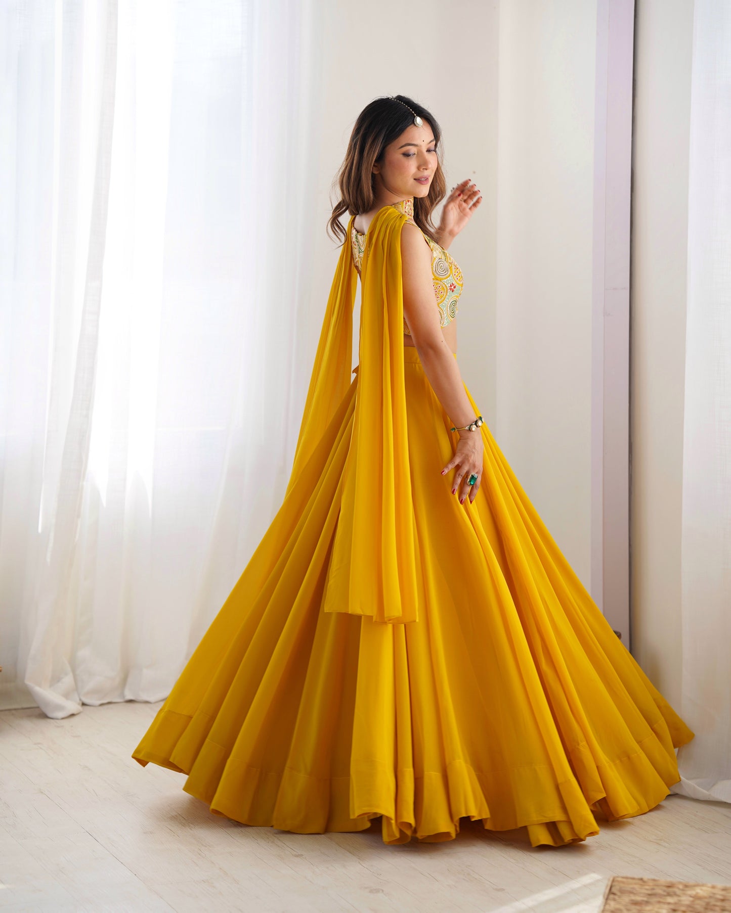 Lorenvalley Yellow Faux Georgette Stitched Lehenga Embroidery Blouse with Dupatta | Swadesiicart