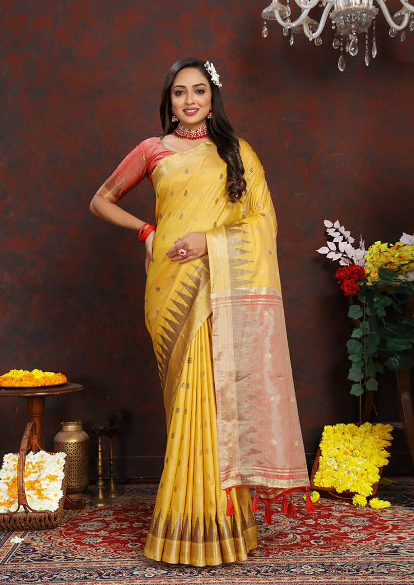 Lorenvalley Fashion Yellow Soft Katan Silk Woven Design Zari Weaving Pallu Saree - Swadesiicart