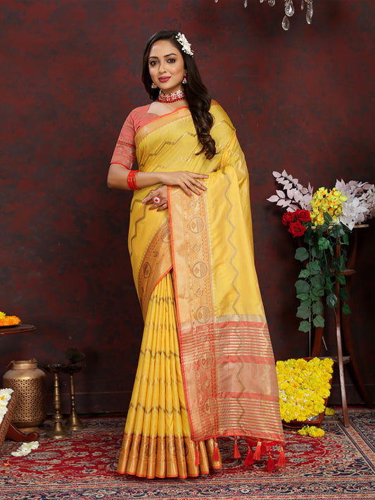Lorenvalley Fashion Yellow Soft Katan Silk Woven Design Zari Weaving Pallu Saree - Swadesiicart