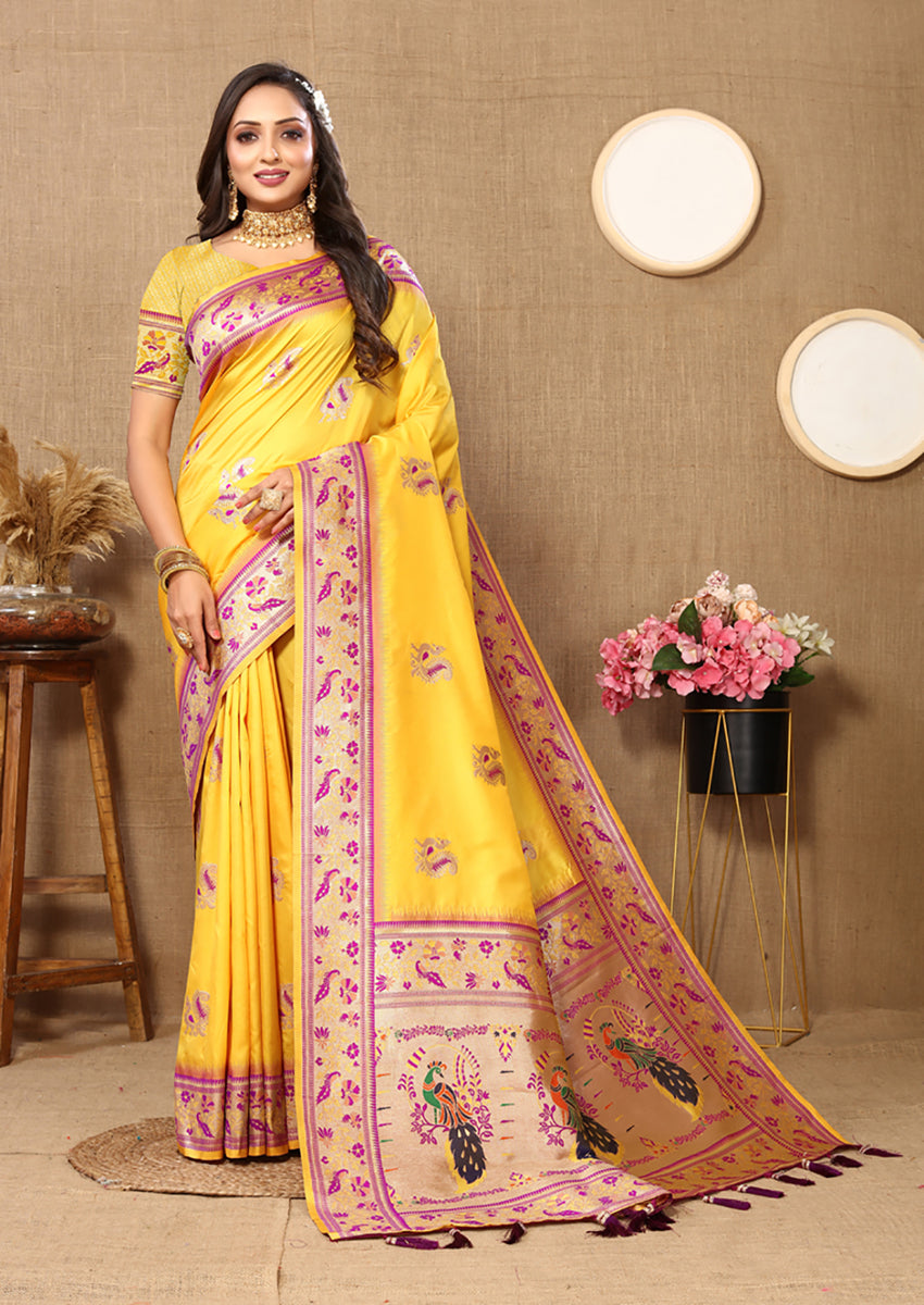 Lorenvalley Fashion Yellow Soft Paithani Silk Woven Design Rich Meenakari Zari Weaving Pallu Saree - Swadesiicart