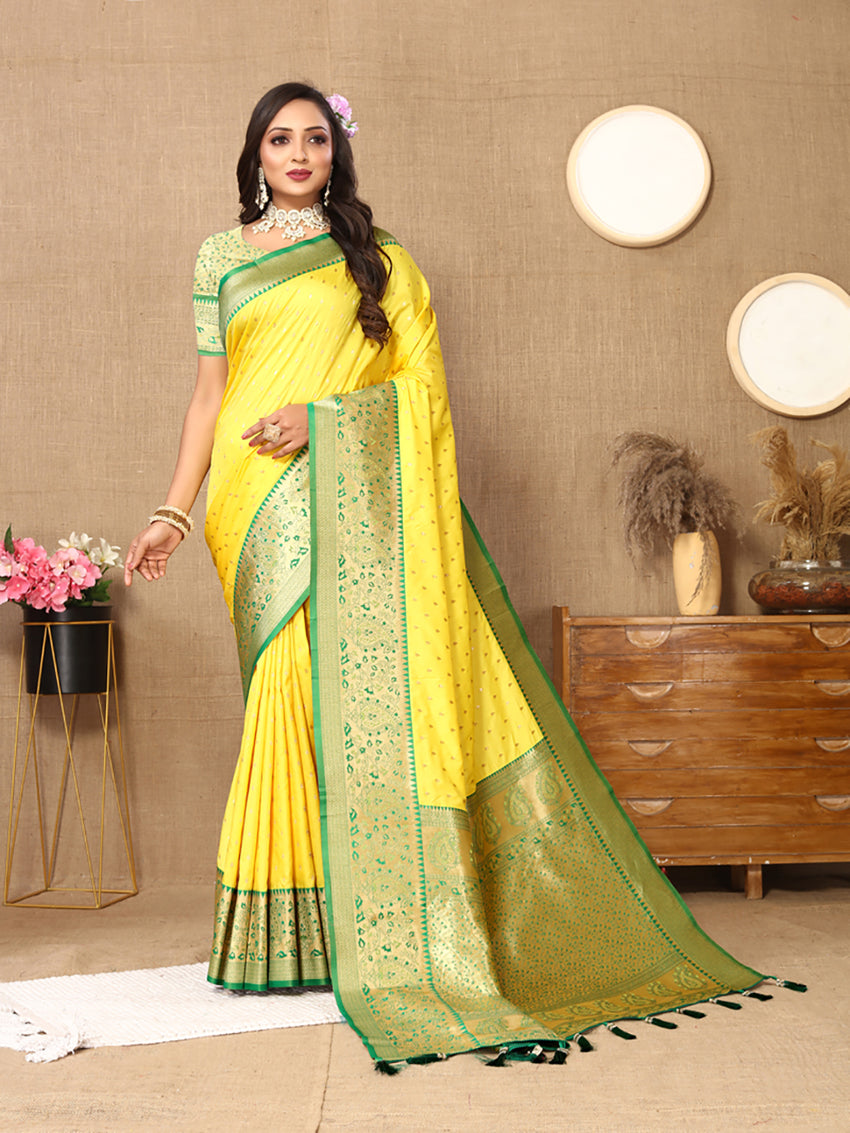 Lorenvalley Fashion Yellow Soft Silk weaving Design Rich Zari Weaving Saree - Swadesiicart
