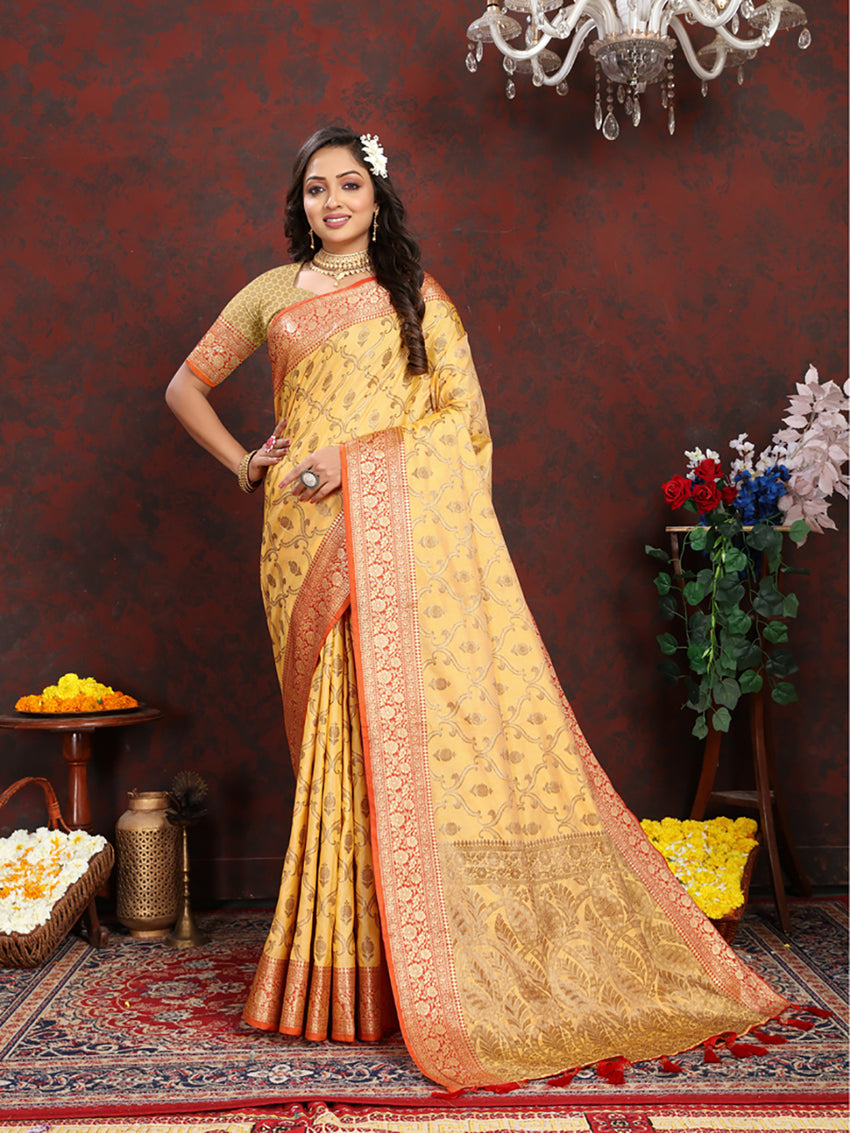 Lorenvalley Fashion Yellow Soft Katan Silk Woven Design Rich Zari Weaving Pallu Saree - Swadesiicart