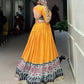 Lorenvalley Yellow Rayon with Bandhej And Ajarakh Print With Embossed Design Gota Lace Touch up Lehenga Choli | Swadesiicart