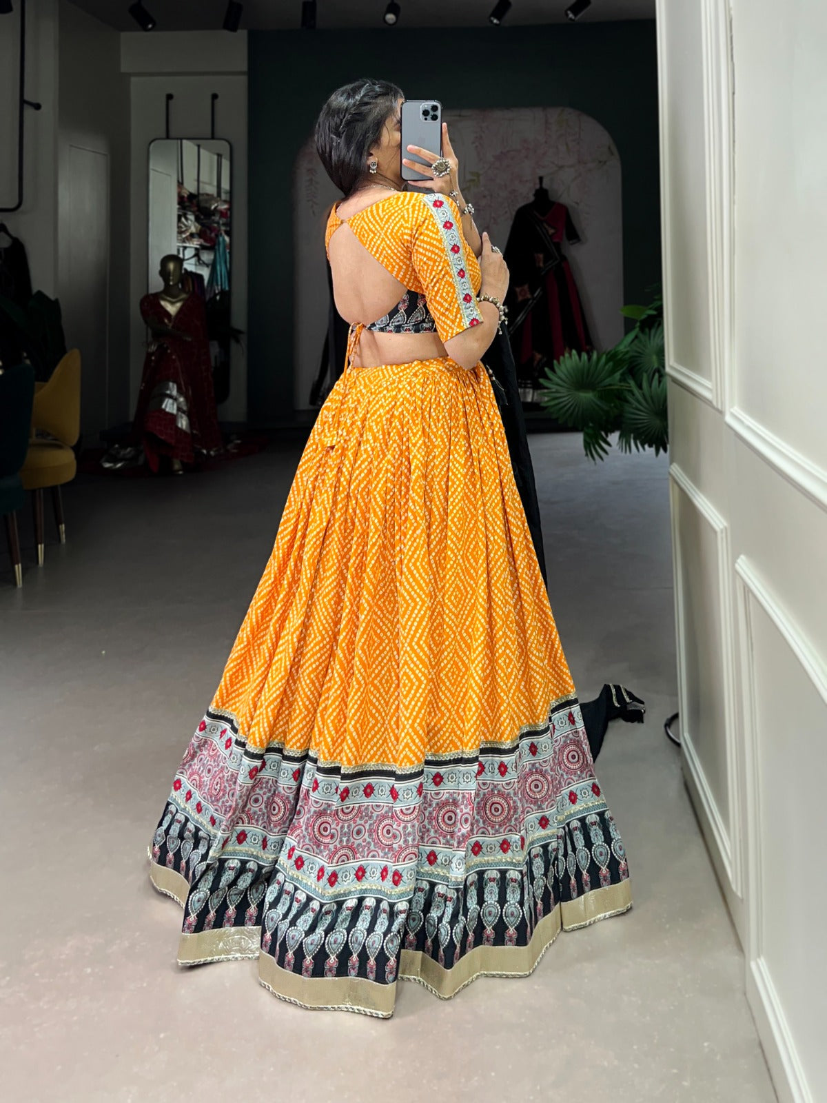 Lorenvalley Yellow Rayon with Bandhej And Ajarakh Print With Embossed Design Gota Lace Touch up Lehenga Choli | Swadesiicart