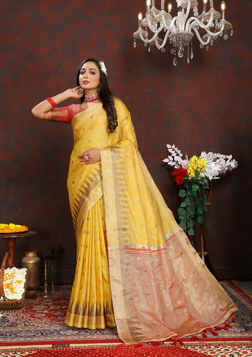Lorenvalley Fashion Yellow Soft Katan Silk Woven Design Zari Weaving Pallu Saree - Swadesiicart