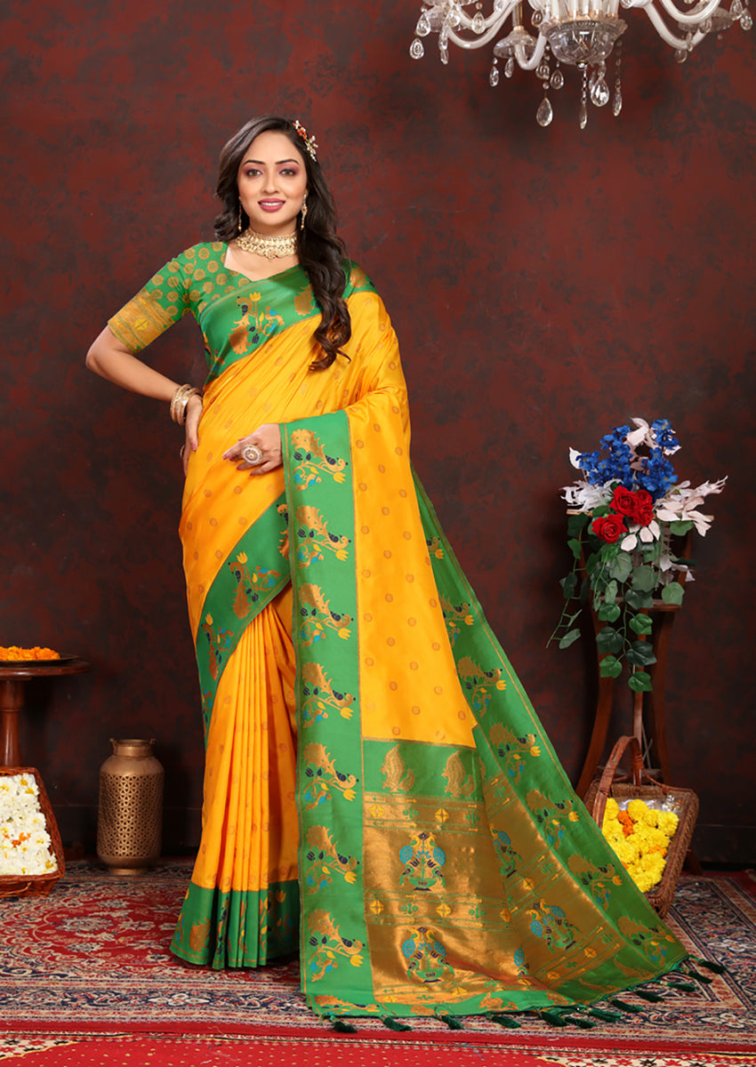 Lorenvalley Fashion Yellow Soft Paithani Silk Woven Design Rich Zari Meenakari Weaving Saree - Swadesiicart