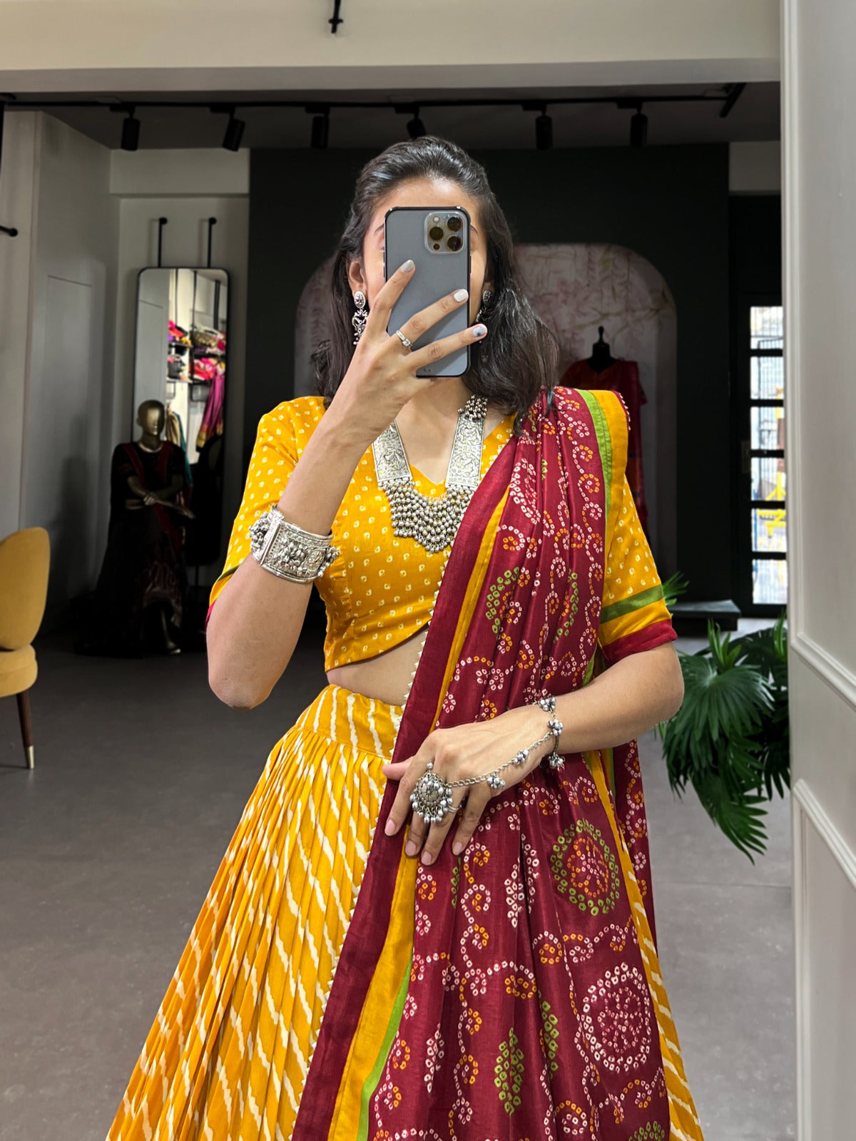 Lorenvalley Yellow Tussar Silk Lehenga Leheriya Patola Print Border With Choli Bandhej Print With Bandhej Print Gotta Patti Lace Border Dupatta | Swadesiicart