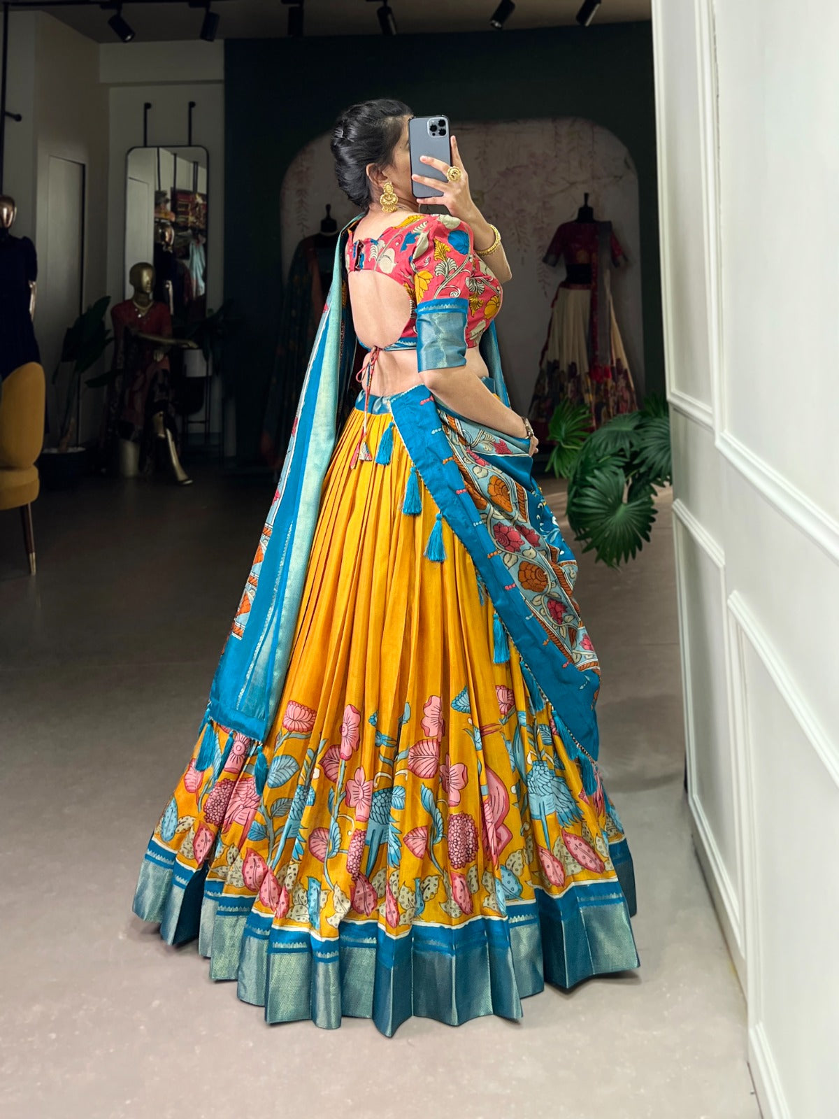 Lorenvalley Yellow Dola Silk and Jacquard Silk Printed (Kalamkari) With Zari Weaving Border Lehenga Choli | Swadesiicart