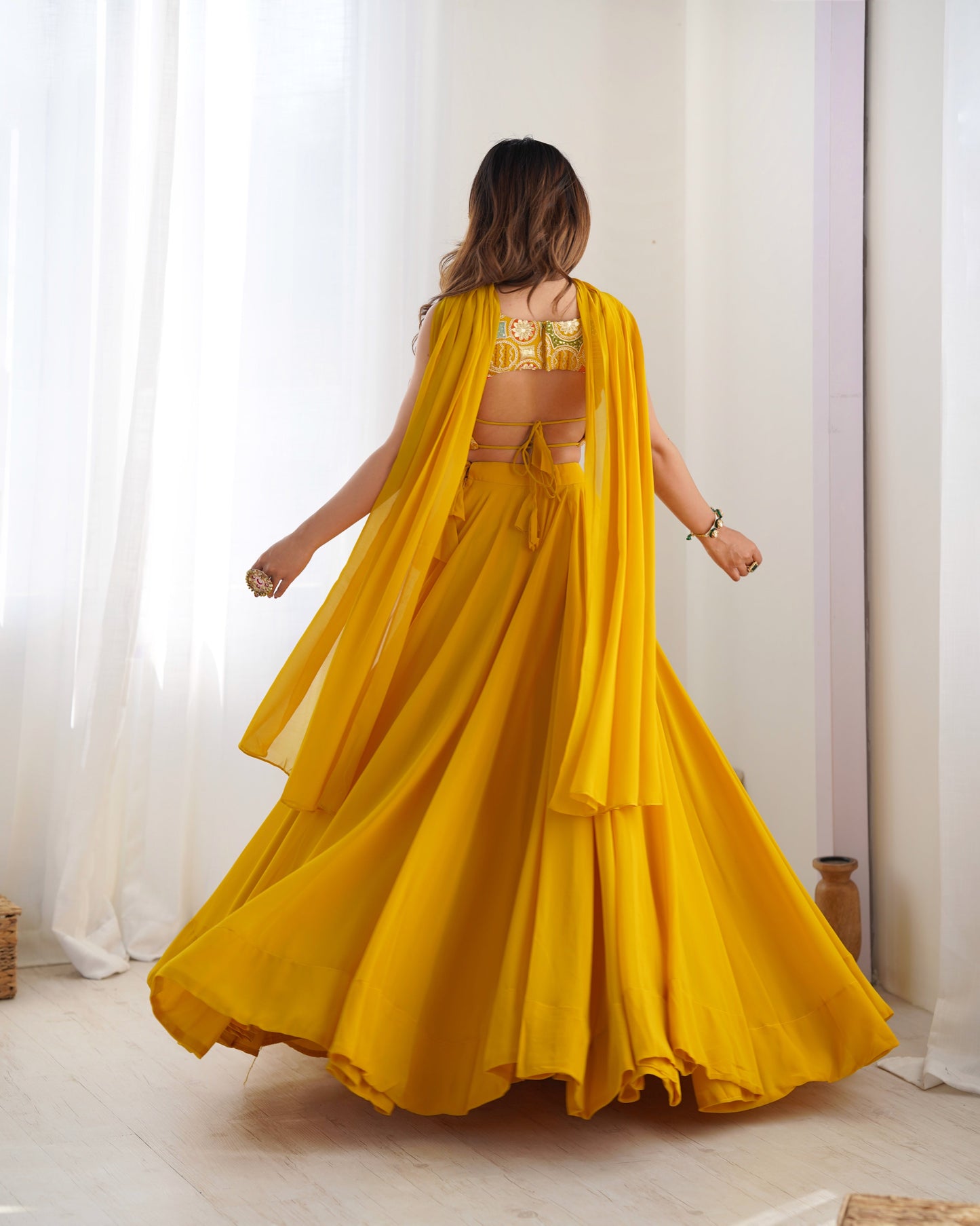 Lorenvalley Yellow Faux Georgette Stitched Lehenga Embroidery Blouse with Dupatta | Swadesiicart