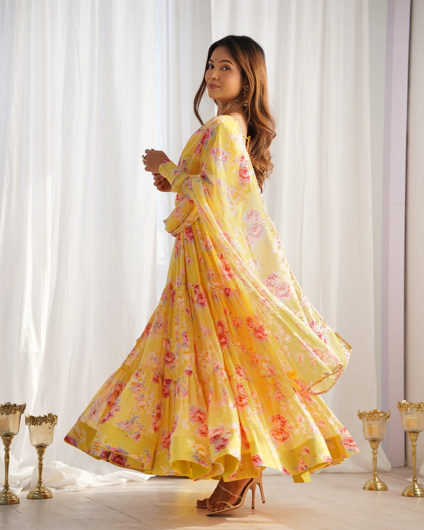 Lorenvalley Women Pure Soft Faux Georgette Floral Print Fully Flair Anarkali Kurta Pant With Dupatta Set - Yellow | Swadesiicart