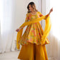Lorenvalley Women Pure Soft Roman silk Chanderi Discharge Print Fabric Kediya Kurta Palazzo with Dupatta Set - Yellow - Swadesiicart