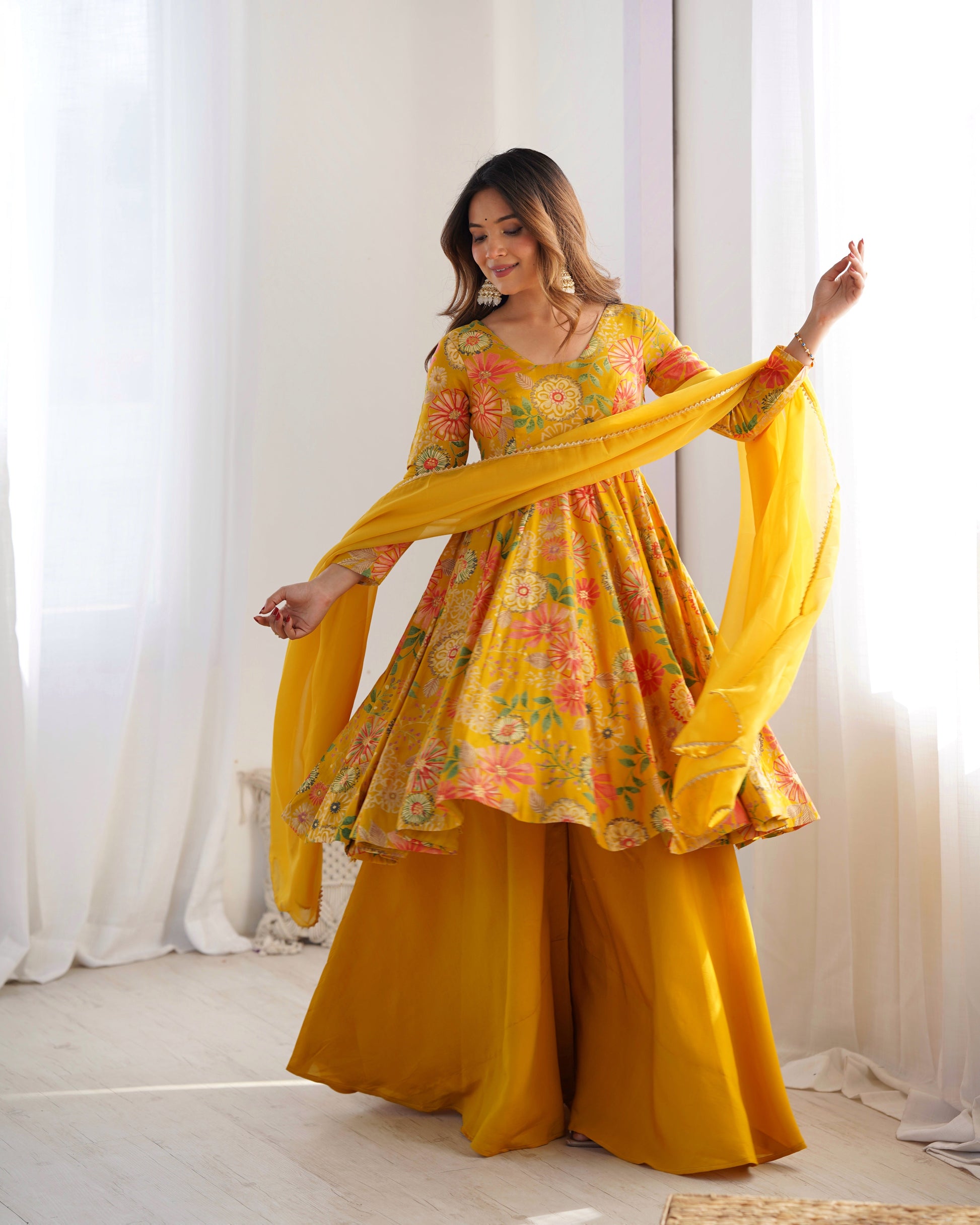 Lorenvalley Women Pure Soft Roman silk Chanderi Discharge Print Fabric Kediya Kurta Palazzo with Dupatta Set - Yellow - Swadesiicart
