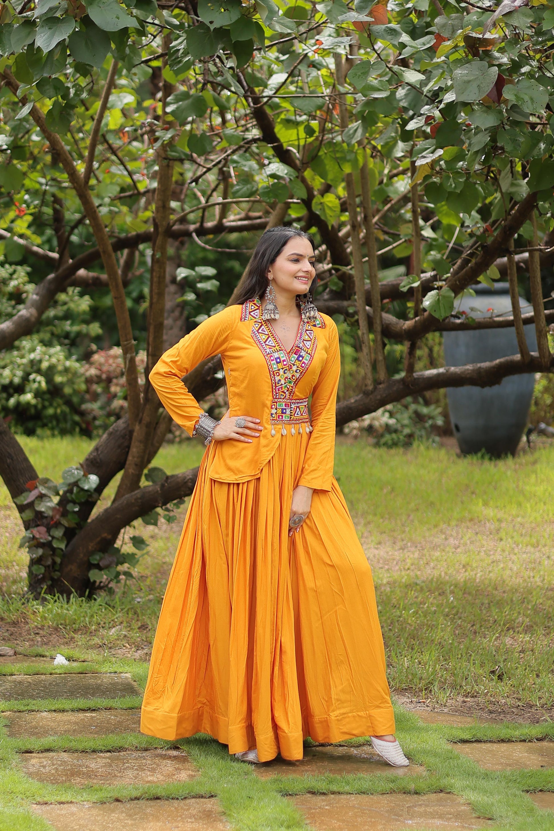 Lorenvalley Yellow Rayon Fabric With Kutchi Gamthi Work Gown | Swadesiicart