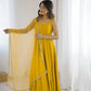 Lorenvalley Fashion Yellow Pure Romansilk Chanderi Fabric Yoke Fancy Lace Work Anarkali Kurta Pant With Dupatta Set - Swadesiicart