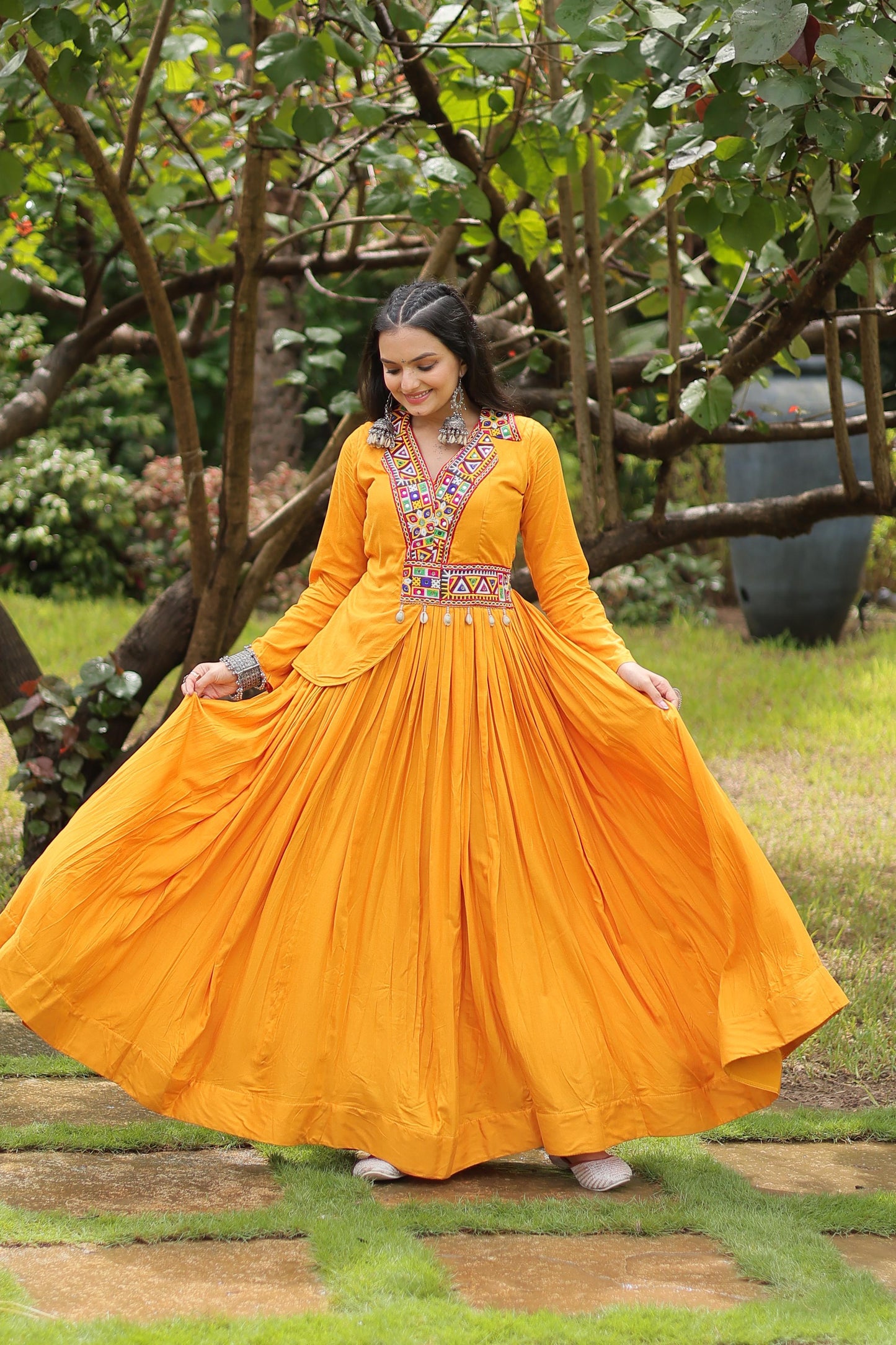 Lorenvalley Yellow Rayon Fabric With Kutchi Gamthi Work Gown | Swadesiicart