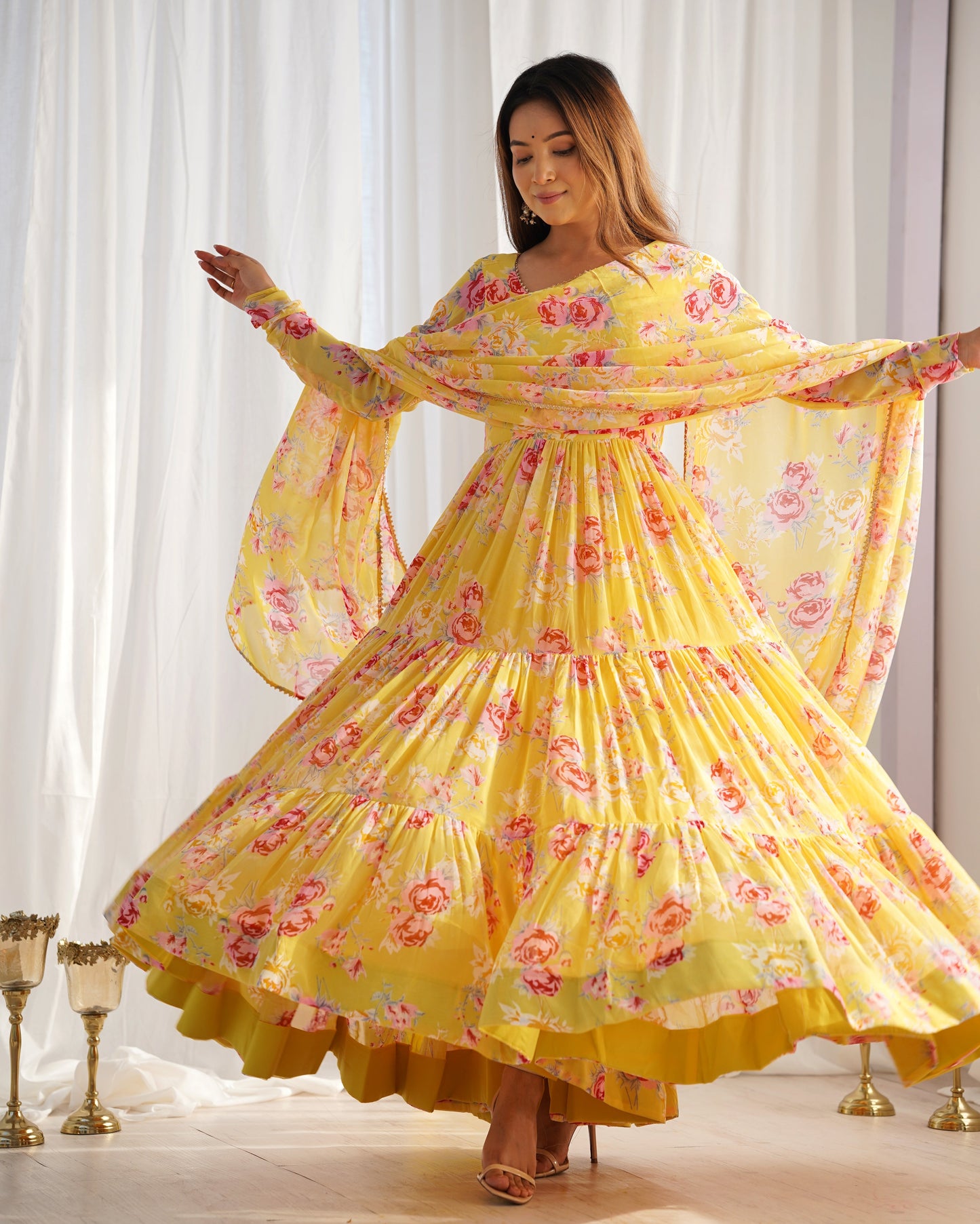 Lorenvalley Women Pure Soft Faux Georgette Floral Print Fully Flair Anarkali Kurta Pant With Dupatta Set - Yellow | Swadesiicart