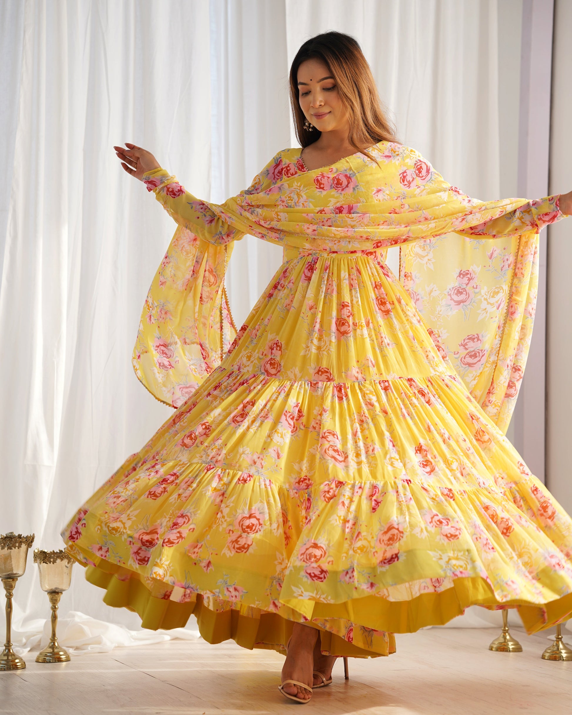 Lorenvalley Women Pure Soft Faux Georgette Floral Print Fully Flair Anarkali Kurta Pant With Dupatta Set - Yellow | Swadesiicart