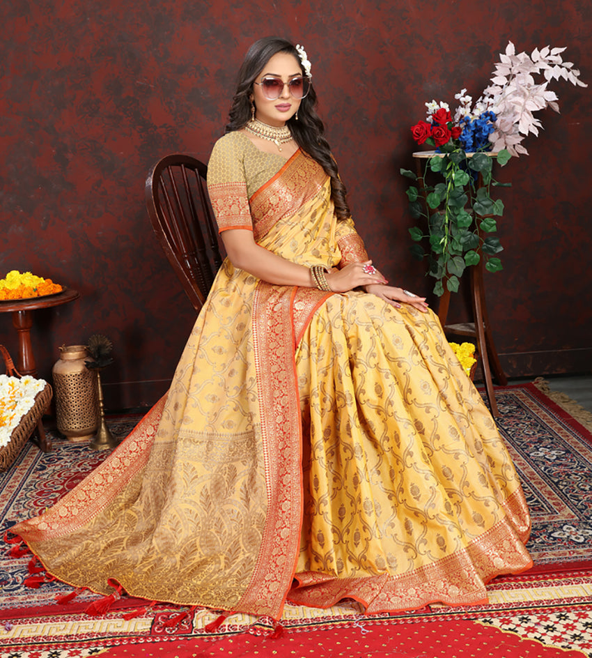 Lorenvalley Fashion Yellow Soft Katan Silk Woven Design Rich Zari Weaving Pallu Saree - Swadesiicart