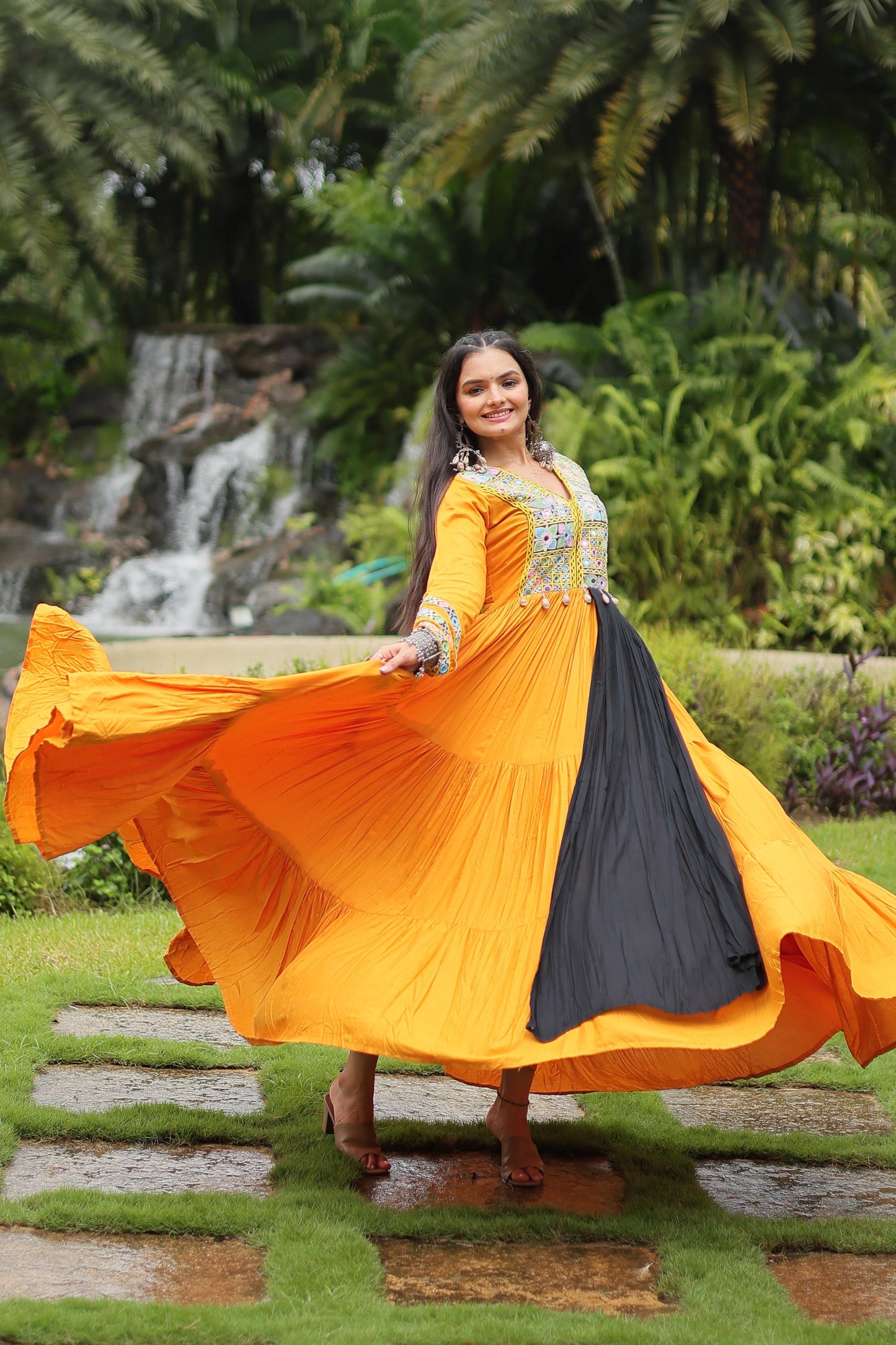 Lorenvalley Yellow Rayon Fabric With Kutchi Gamthi Work Gown | Swadesiicart