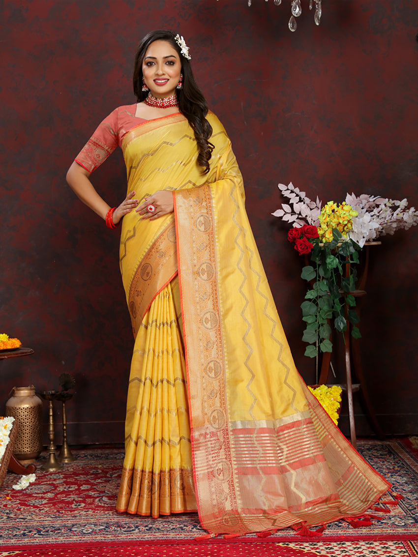 Lorenvalley Fashion Yellow Soft Katan Silk Woven Design Zari Weaving Pallu Saree - Swadesiicart