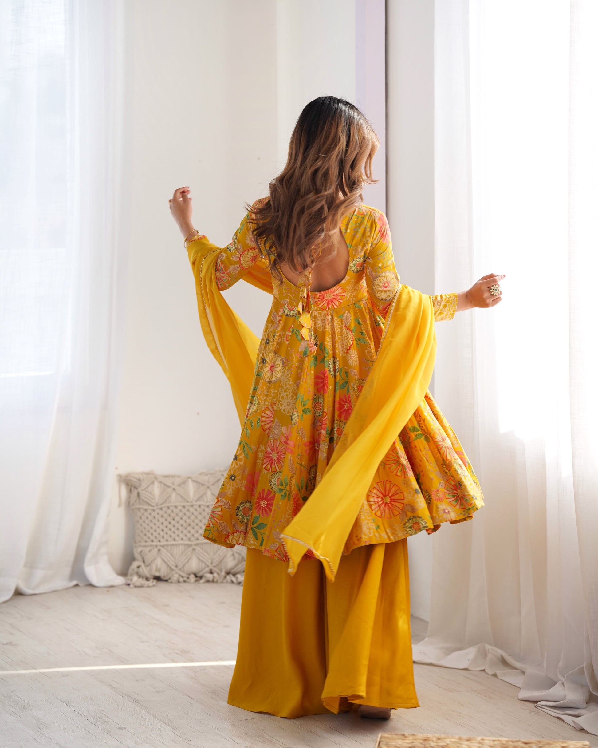 Lorenvalley Women Pure Soft Roman silk Chanderi Discharge Print Fabric Kediya Kurta Palazzo with Dupatta Set - Yellow - Swadesiicart