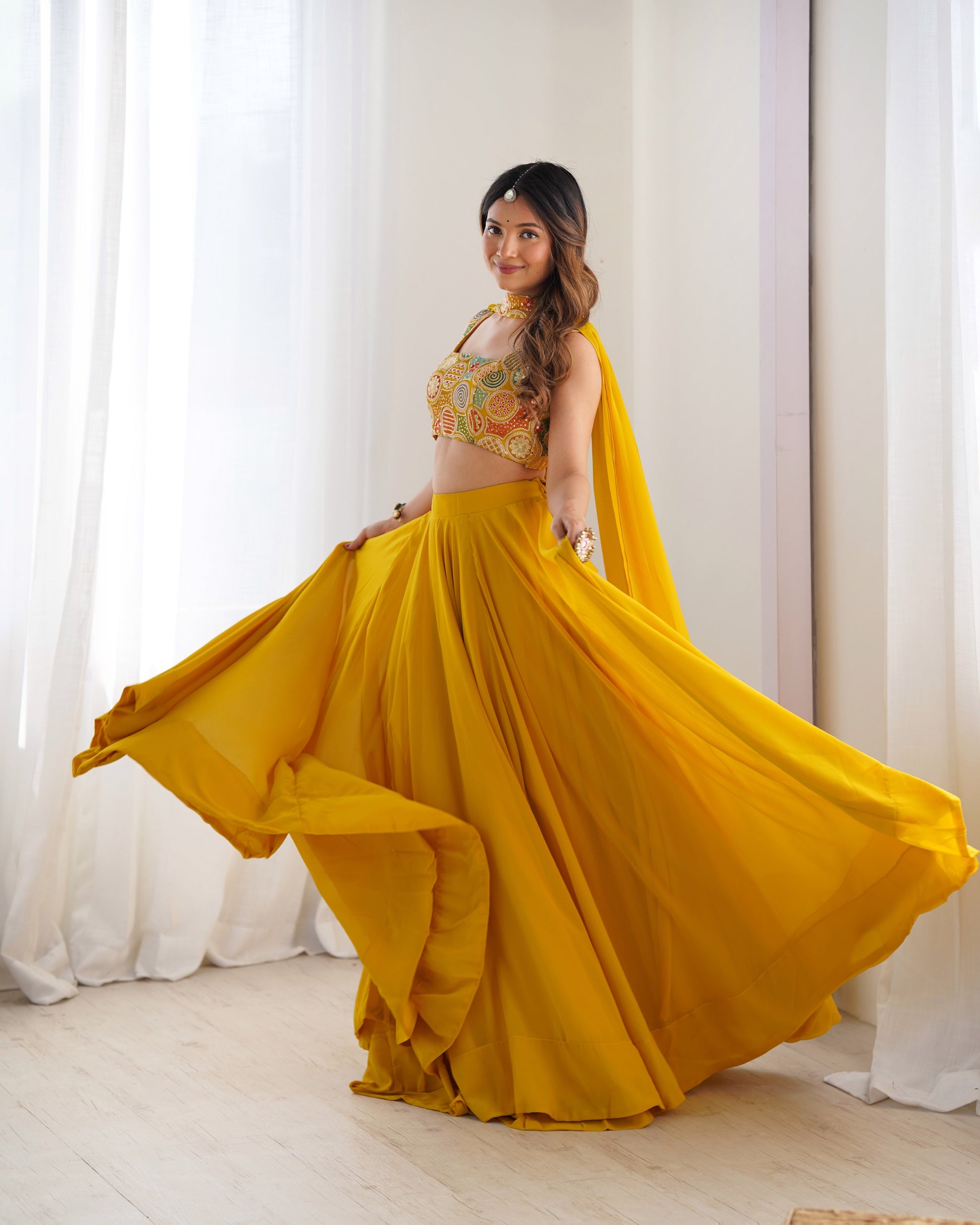 Lorenvalley Yellow Faux Georgette Stitched Lehenga Embroidery Blouse with Dupatta | Swadesiicart