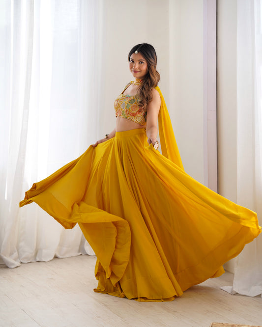 Lorenvalley Yellow Faux Georgette Stitched Lehenga Embroidery Blouse with Dupatta | Swadesiicart