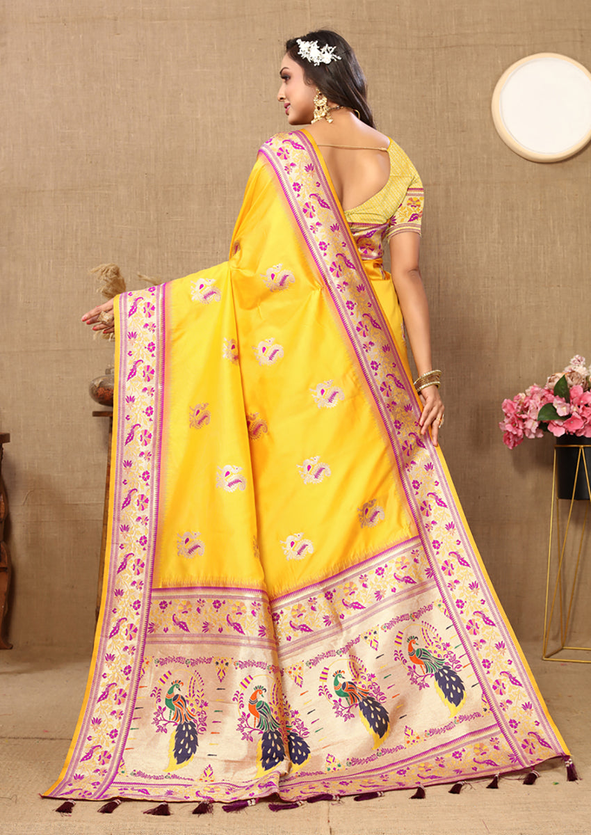 Lorenvalley Fashion Yellow Soft Paithani Silk Woven Design Rich Meenakari Zari Weaving Pallu Saree - Swadesiicart