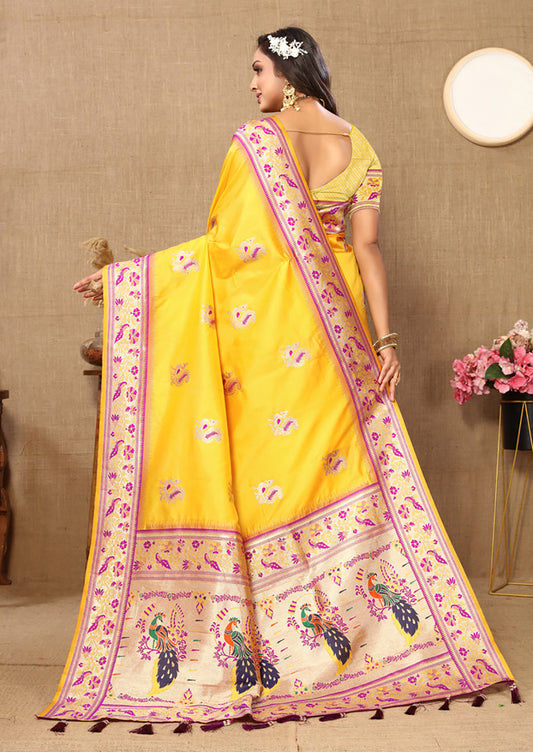 Lorenvalley Fashion Yellow Soft Paithani Silk Woven Design Rich Meenakari Zari Weaving Pallu Saree - Swadesiicart