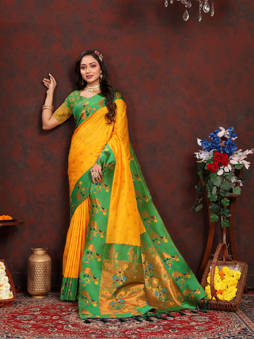Lorenvalley Fashion Yellow Soft Paithani Silk Woven Design Rich Zari Meenakari Weaving Saree - Swadesiicart