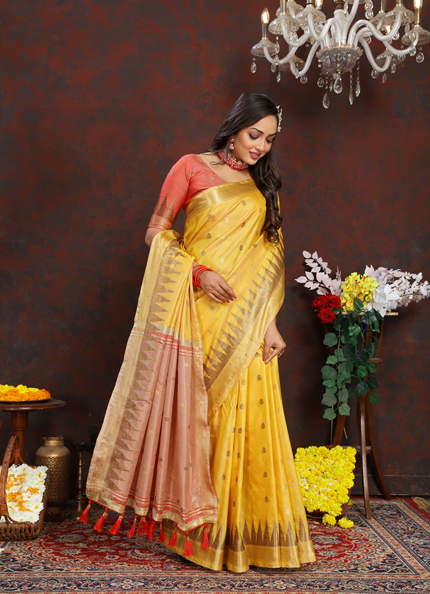 Lorenvalley Fashion Yellow Soft Katan Silk Woven Design Zari Weaving Pallu Saree - Swadesiicart