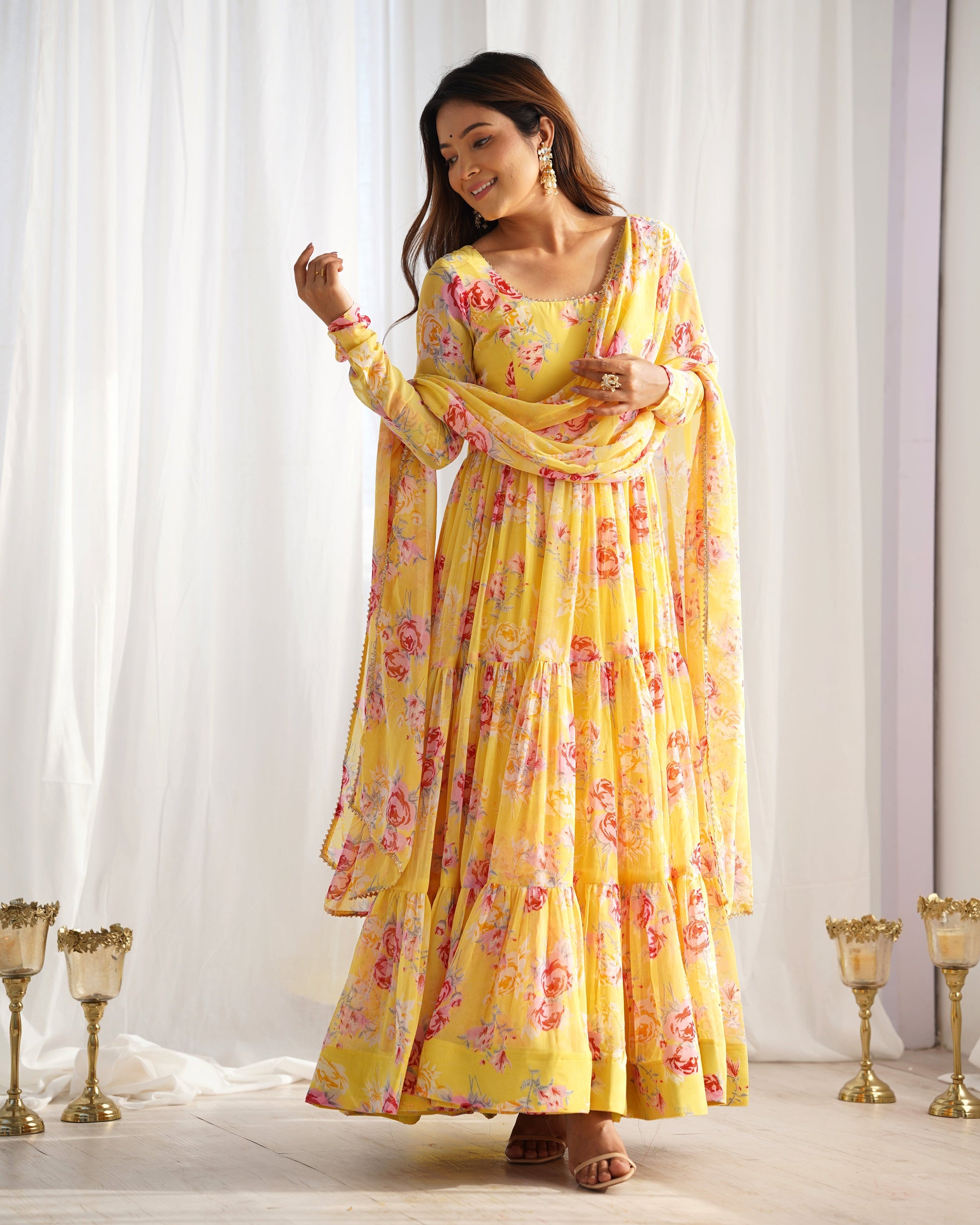 Lorenvalley Women Pure Soft Faux Georgette Floral Print Fully Flair Anarkali Kurta Pant With Dupatta Set - Yellow | Swadesiicart