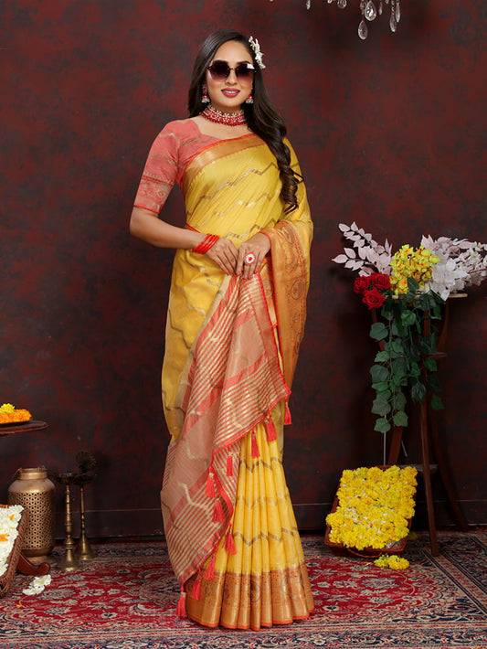 Lorenvalley Fashion Yellow Soft Katan Silk Woven Design Zari Weaving Pallu Saree - Swadesiicart