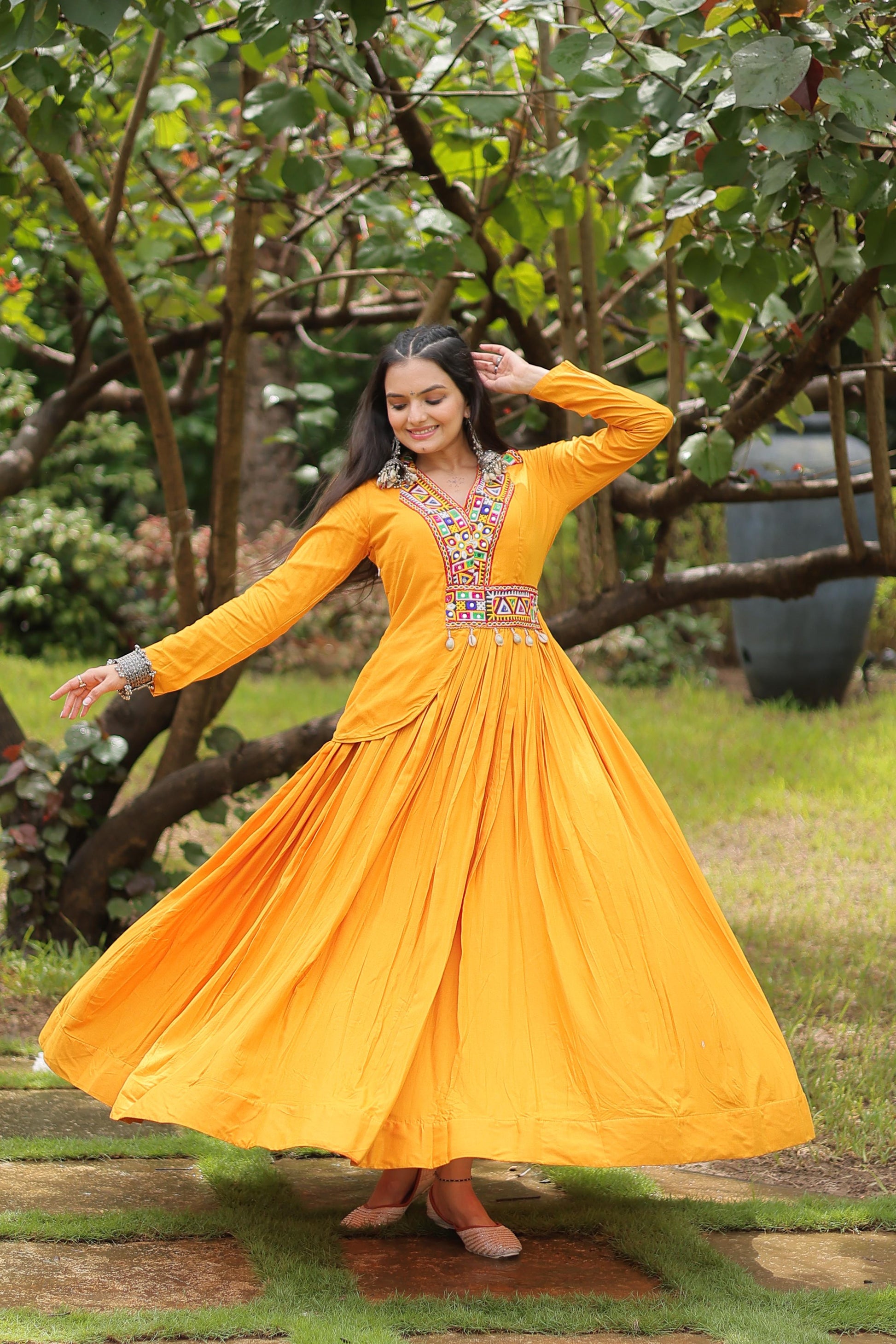 Lorenvalley Yellow Rayon Fabric With Kutchi Gamthi Work Gown | Swadesiicart